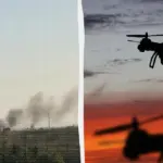 Дим із будівлі складу Ozon в Оренбурзі під час пожежі, спричиненої падінням уламків безпілотників